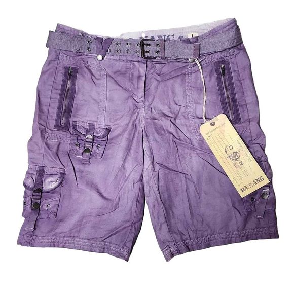 Da-Nang Pants - Da-nang moth purple distressed mid rise pocketed cargo 11.5" belted shorts